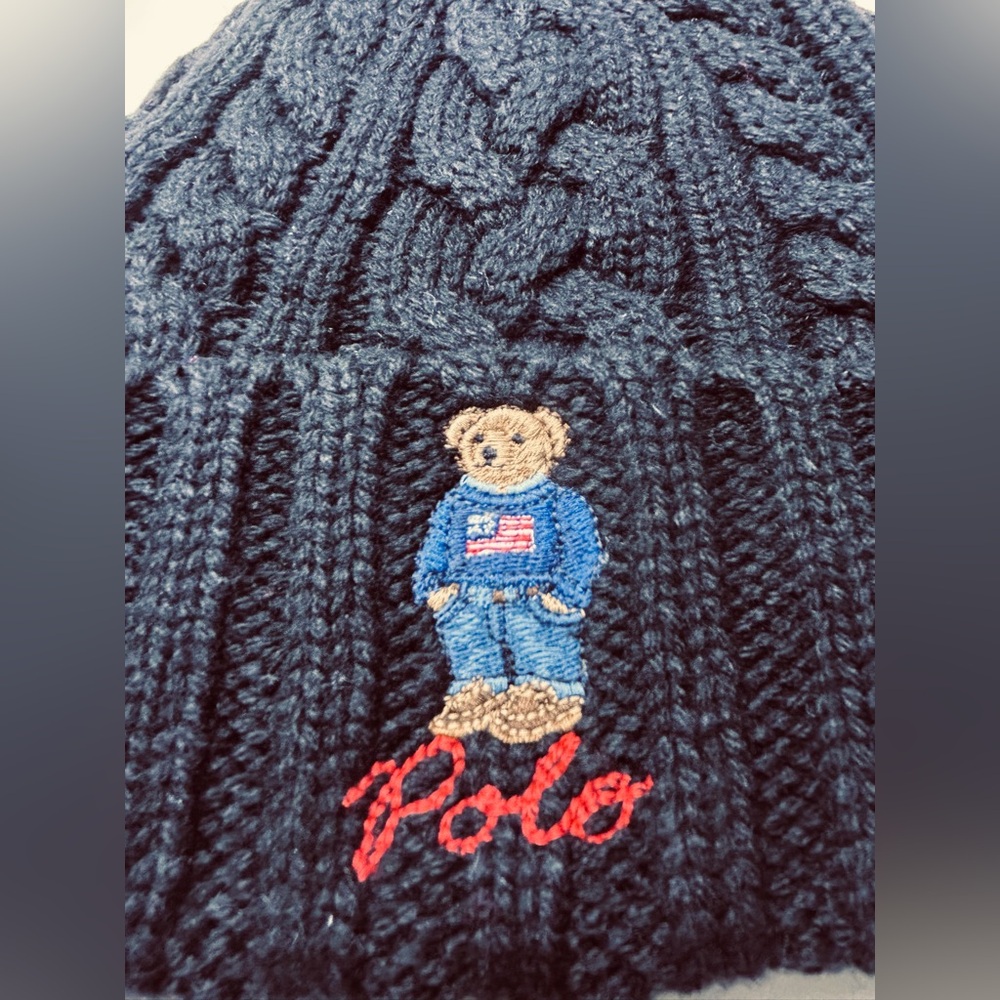 NWT 🧸Ralph Lauren AMERICAN POLO BEAR CABLE-KNIT Wool Beanie in Aviator Black - Picture 2 of 5